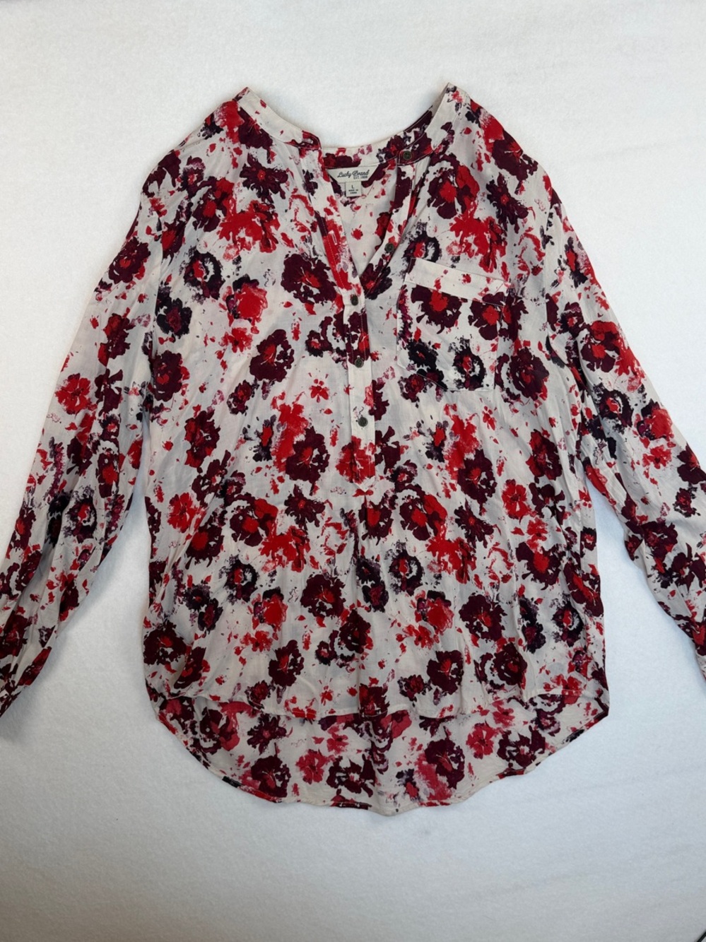 Lucky Brand Red Multi Floral Split V-Neck Blouse